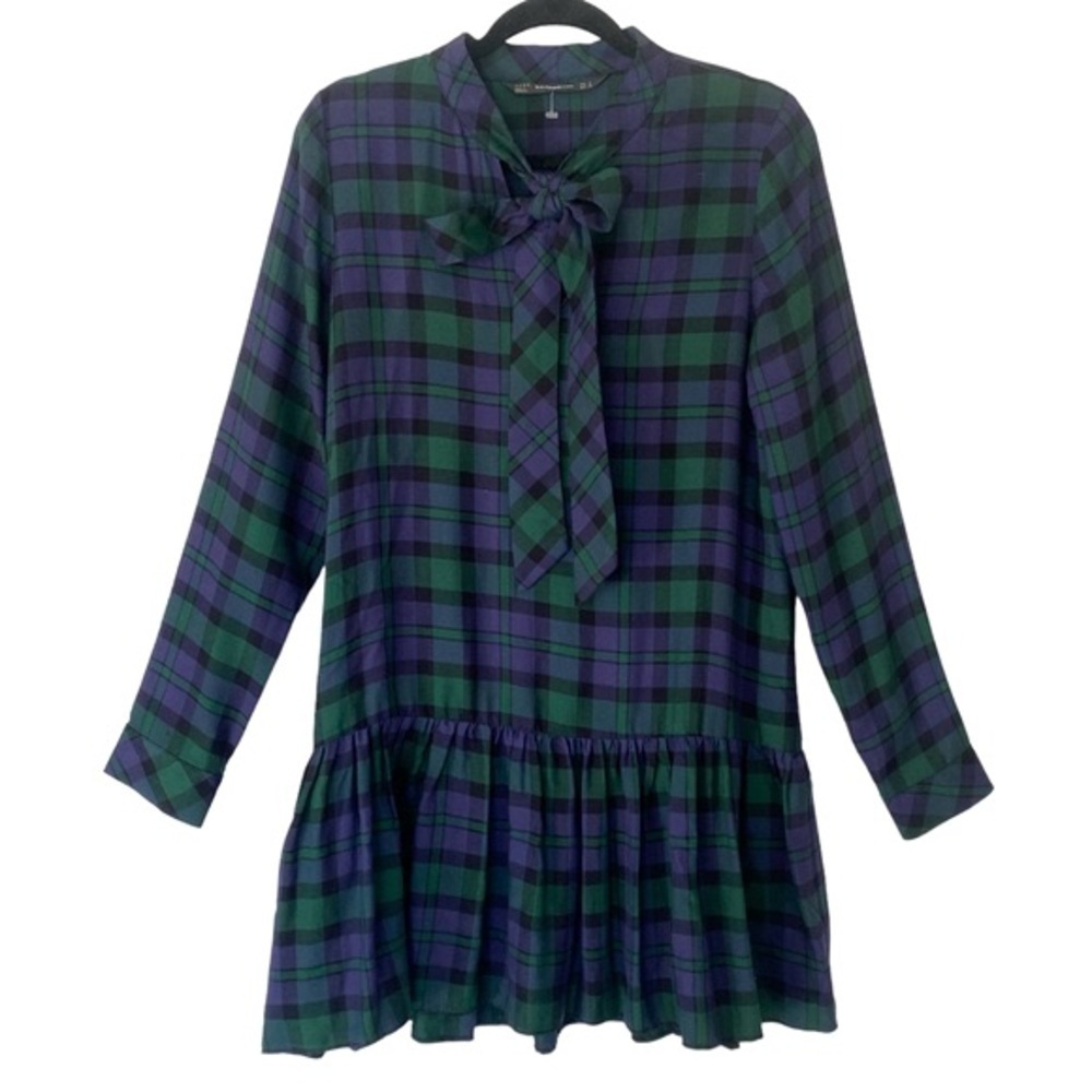 ZARA Drop Waist Tie Bow Neck Detail Tartan Boho Dress Size Medium